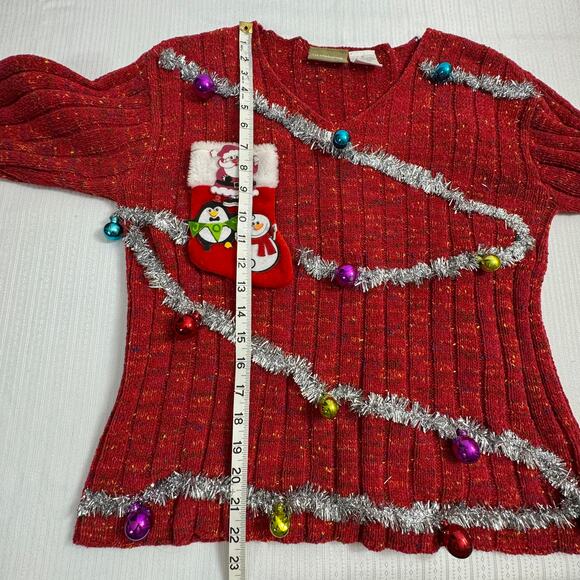 LIZ CLAIBORNE Womens Small Red Multicolor Handmaid Ugly Christmas Sweater V-Neck - Picture 5 of 10